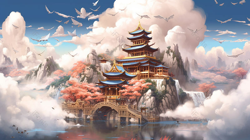 国潮风黄鹤楼地标建筑山水白鸟白鹤鸟群飞过插画,插画/手绘图,插画/手绘图库,插画/手绘图下载,插画/手绘